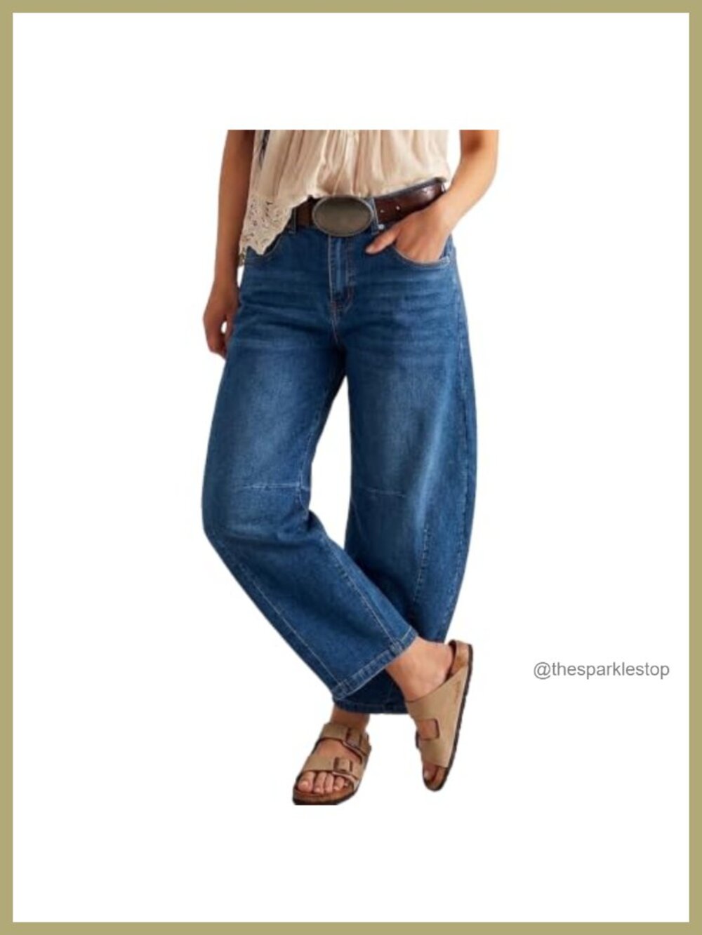 Women's Mid Rise Barrel Jeans Stretchy Cropped Horseshoe Denim Pants